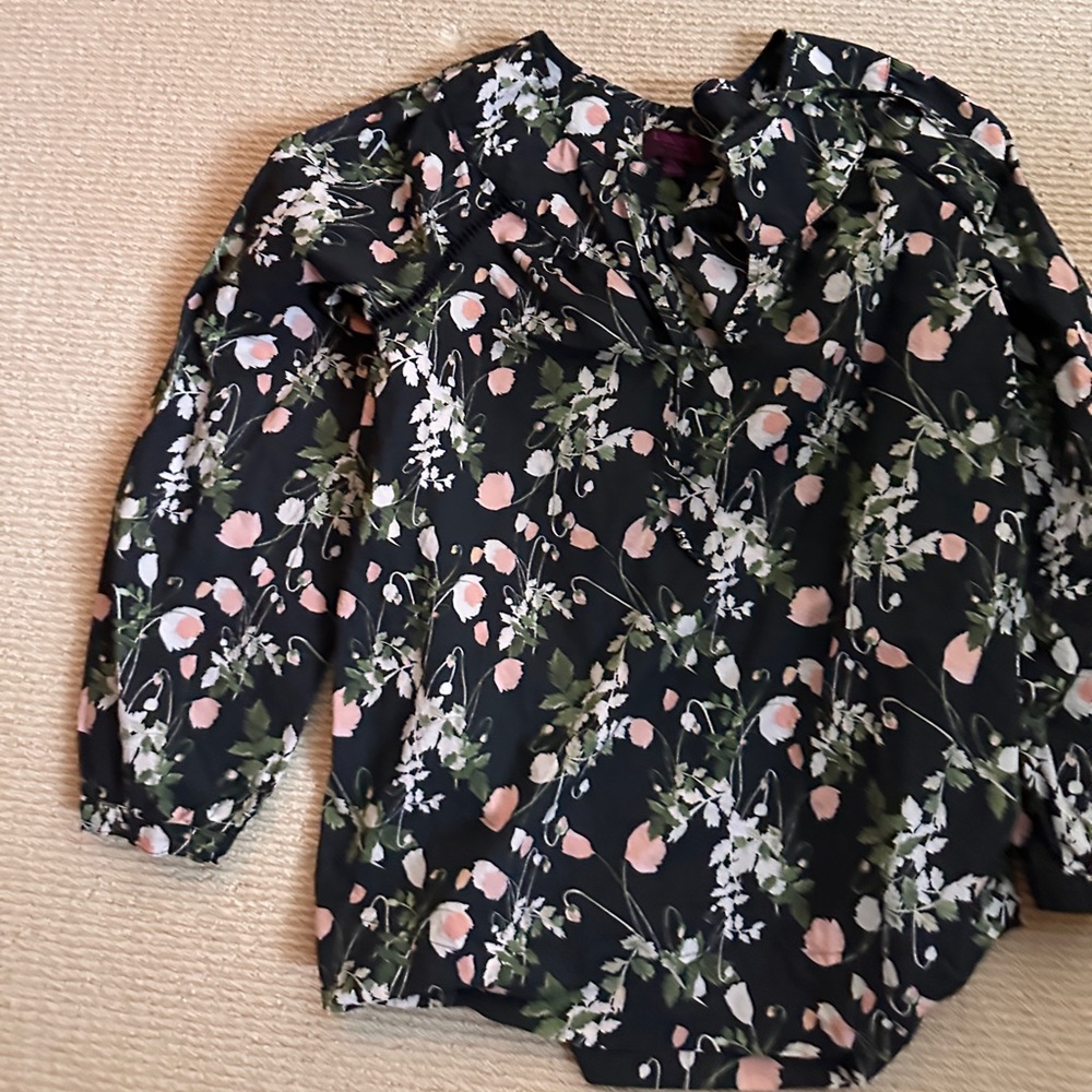 JCrew front tie black blouse with pink flowers